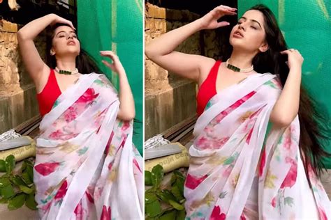 urfi javed flaunts hot bod and sexy waist in floral red white saree fans say ‘gajab watch