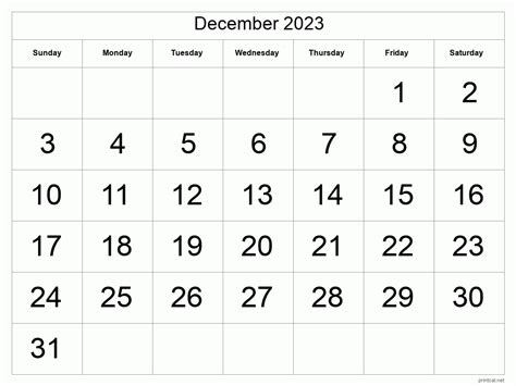 Printable December 2023 Calendar Classic Blank Sheet Images
