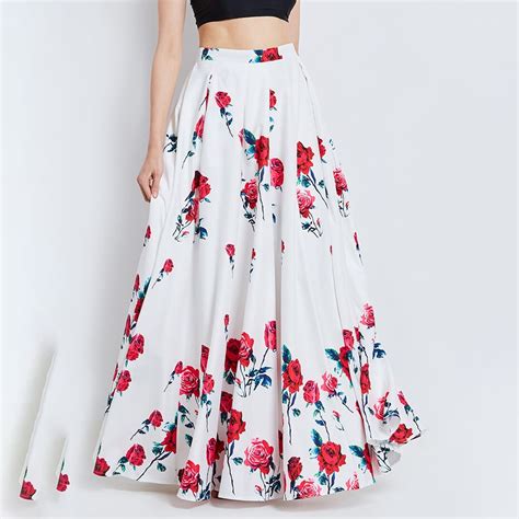 Women Summer Long Floral Skirt White Red Rose Maxi Skirt Fashion A Line