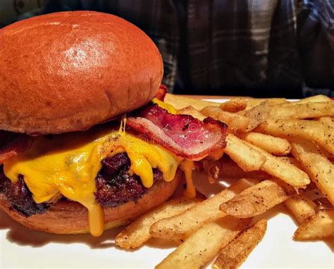 Fat Juicy Bacon Cheeseburger With Fries Stock Photo Image Of