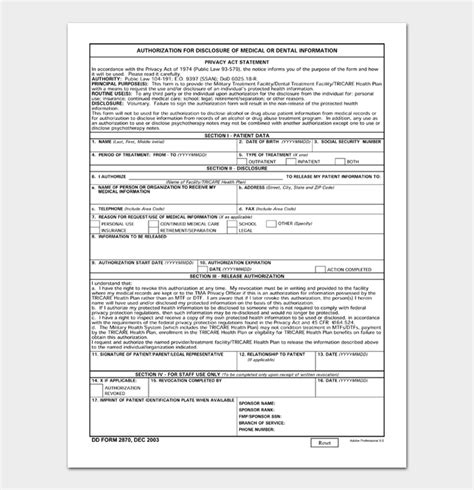 Dd Form 2870 Authorization For Disclosure Of Medical Or Dental Information