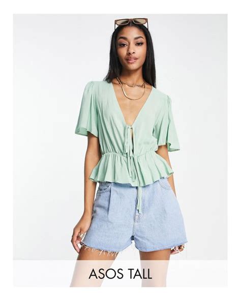 Asos Tall Angel Sleeve Tea Blouse With Peplum Hem And Tie Front In