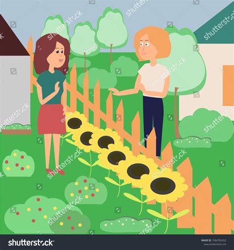 Two Female Neighbors Talk Through Fence Stock Vector Royalty Free
