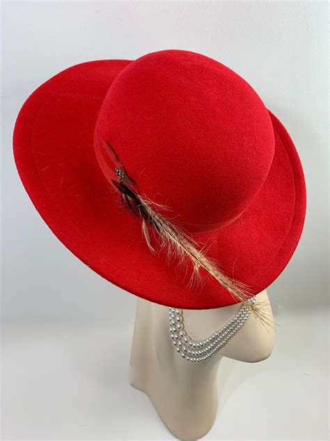 vintage red betmar wool felt hat with plume feather 70s 80s etsy feather hat wool felt