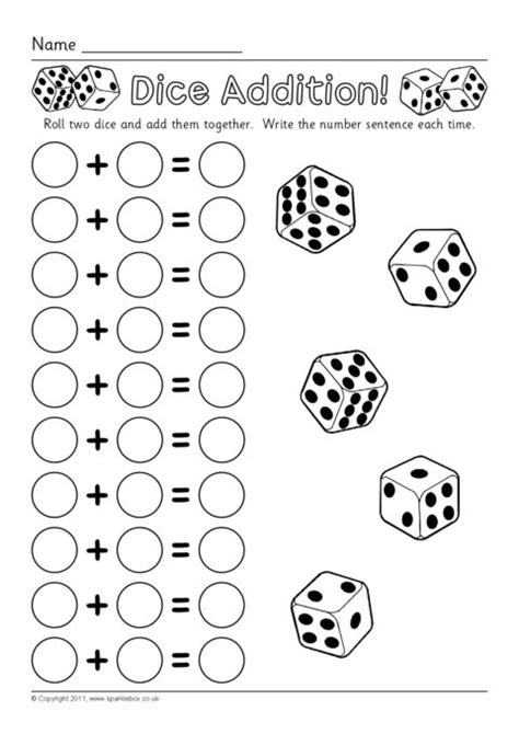 Dice Addition Worksheets Sb6050 Sparklebox First Grade Math