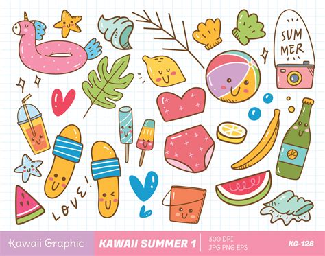 Cute Summer Clipart Kawaii Clipart Cute Vector Doodle Etsy Canada
