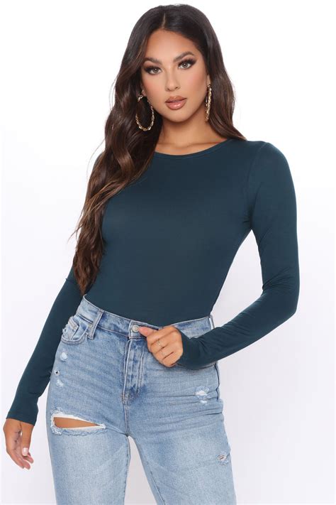 Krystal Crew Neck Long Sleeve Bodysuit Dark Teal Fashion Nova