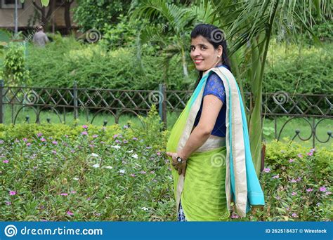 Indian Young Pregnant Woman Posing In A Sari In A Park Mumbai India Stock Image Image Of