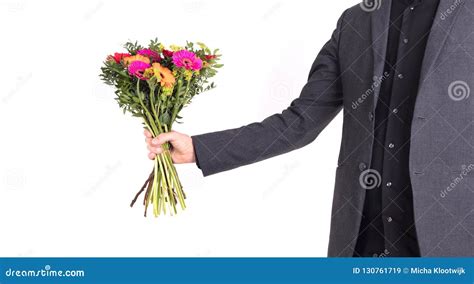 Man Is Giving Flowers Stock Image Image Of Surprise 130761719