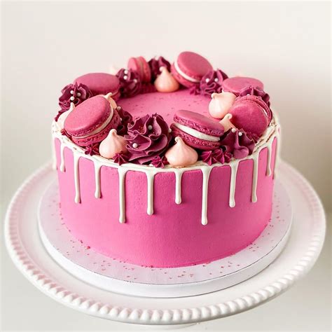 Pink Drip Cake With Macarons And Meringues Littlecrocuscakery In