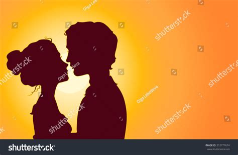 Sunset Silhouettes Kissing Couple Stock Illustration 212777674
