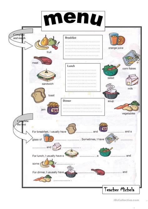 This coloring math worksheet helps your third grader conceptualize counting and multiplying by 2. Menu worksheet - Free ESL printable worksheets made by ...