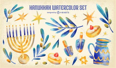 Descarga Vector De Conjunto De Acuarela De Elementos Judíos De Hanukkah