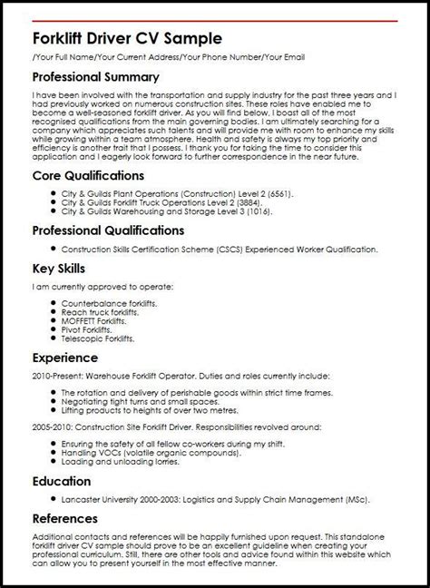 Forklift Driver Cv Example Myperfectcv