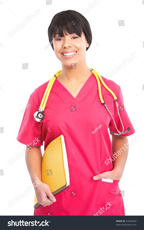 Smiling Medical Nurse Stethoscope Isolated Over Stock Photo 35049262