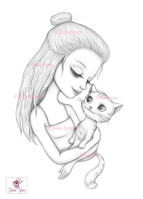 Cute Girl Coloring Page Digital Stamp Digi Cat Kitty Pet Etsy