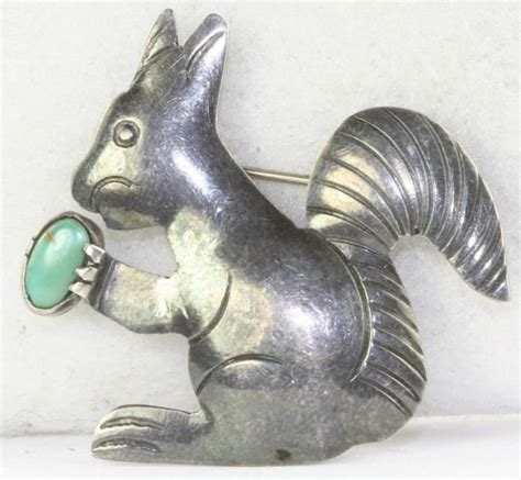 Vintage Sterling Silver Hand Wrought Turquoise Nut Squirrel Pin