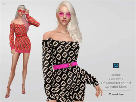 Gorillax3 Off Shoulder Belted Sweater Dress Rc The Sims 4 Catalog