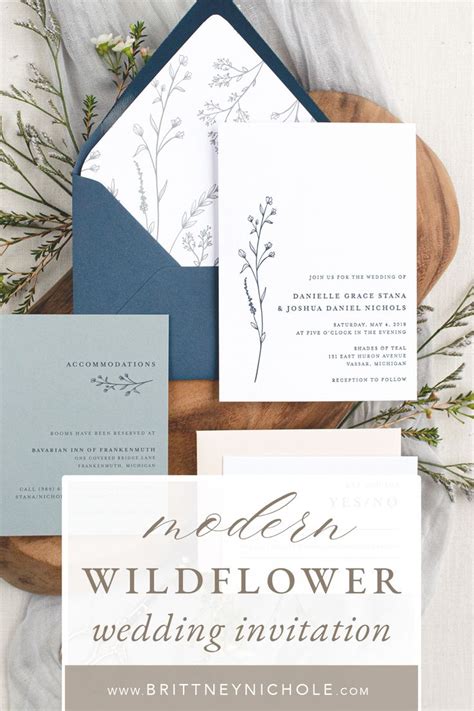 Modern Wildflower Wedding Invitation Letterpress In Navy Blue
