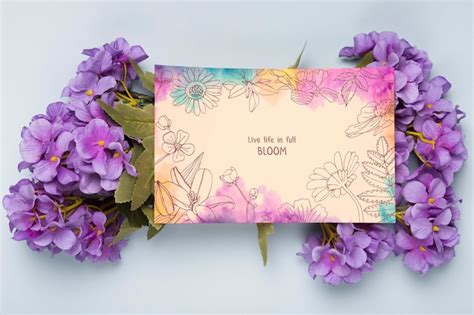 Premium Psd Flat Lay Of Card With Spring Flowers