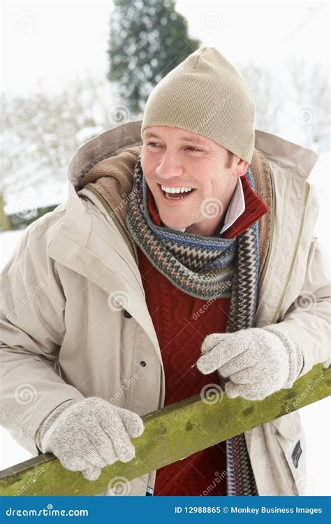 Man Standing Outside In Snowy Landscape Stock Image Image Of Cold