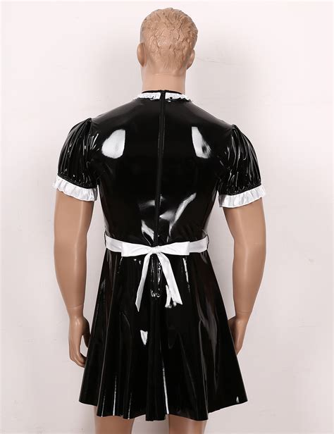men s sissy maid sexy cosplay costume short sleeve patent leather flared dress with apron