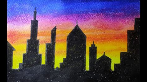 Skyline City At Night Drawing With Oil Pastels For Beginners Step By