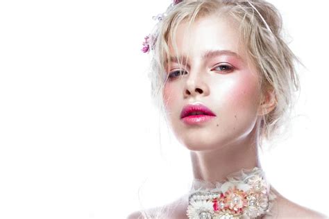 Beautiful Blond Fashion Girl With Flowers On Neck And In Her Hair Wet