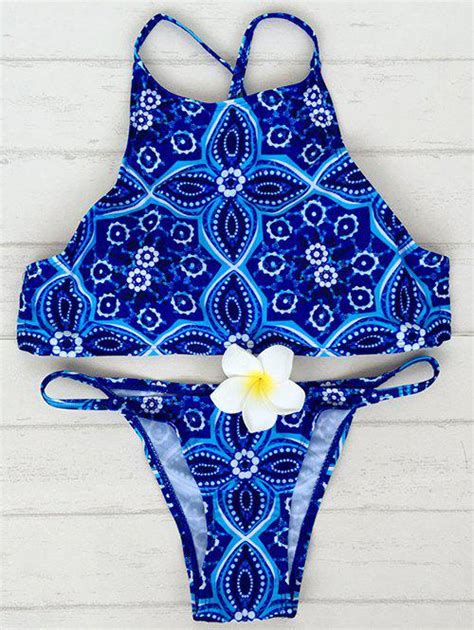 [18 off] 2021 criss back high neck printed bikini in blue zaful