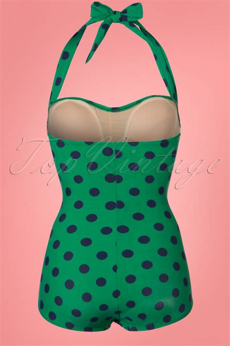 Dames 50s Classic Polkadot One Piece Swimsuit In Green And Navy