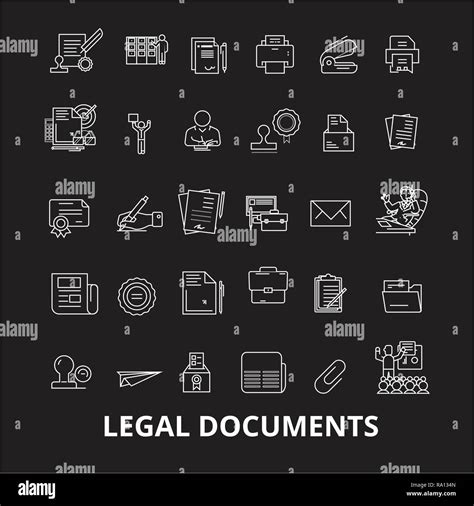 Legal Documents Editable Line Icons Vector Set On Black Background