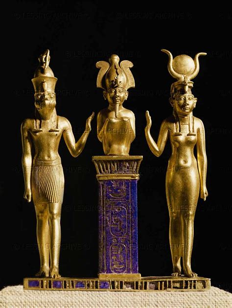 goldwork 10th 6th bce triad of osorkon isis osiris and horus gold and lapis lazuli figures