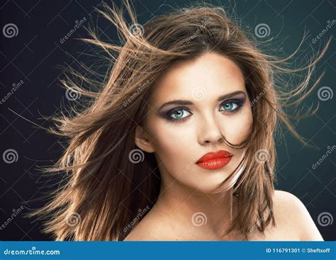 Blowing Hair Beauty Woman Face Portrait Stock Image Image Of Makeup