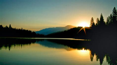 Sunrise Sunlight Peaceful Lake Tree Sunbeams Early Morning