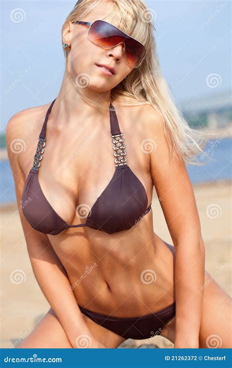 Woman On Beach Wearing Sunglasses And Bikini Stock Photo Image Of