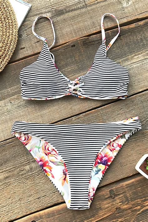 Cupshe Womens Reversible Lace Up Bikini Sets Floral Striped Size X Small B0en Ebay