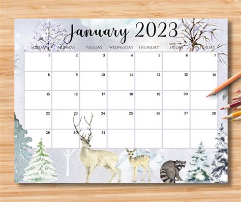 Editable January Calendar Beautiful Winter In Forest Printable