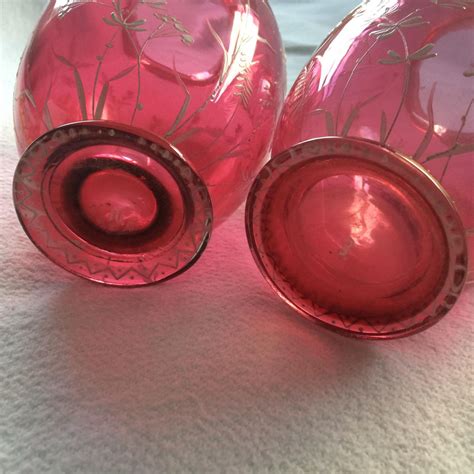 Victorian Cranberry Glass Vases With Hand Painted Butterflies Antique