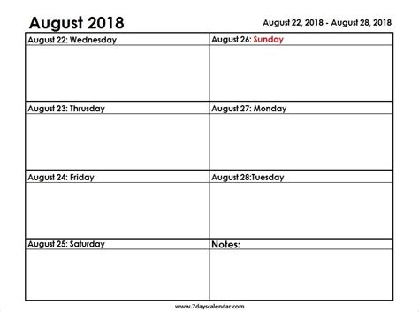 Download Free Week Calendar 2018 August Weekly Calendar Work Week