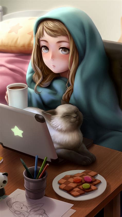Cute Anime Girl Use Laptop Cat Room Iphone X 87654