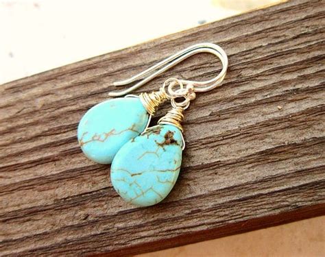 Turquoise Earrings Dangle Sterling Silver Wire Wrapped