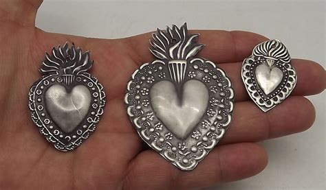 Antique Old 3 Sacred Heart Jesus Ex Voto Milagro Miracles Sterling