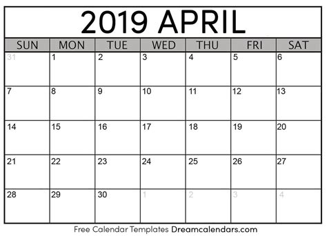 April 2019 Calendar Free Printable With Holidays And Observances