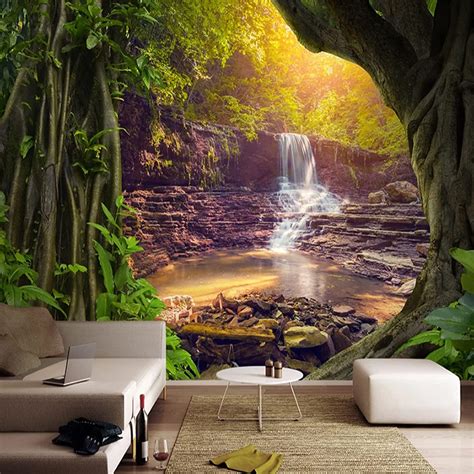 3d Forest Waterfall Landscape Wall Photo Wallpaper Modern Art Self