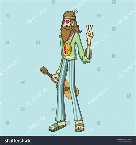 Hippies Man Makes A Sign Peace With The Guitar Royalty Free Stock