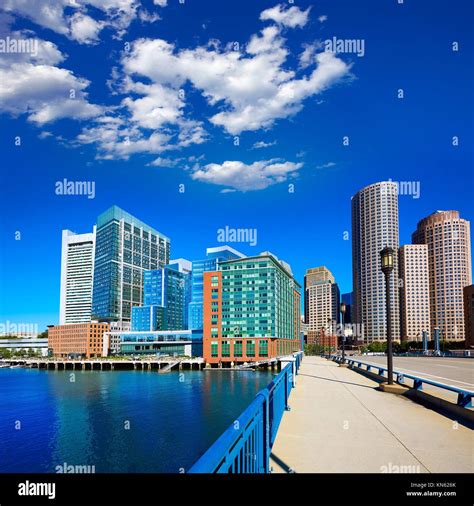 Boston Skyline From Seaport Boulevard Bridge Massachusetts Usa Stock