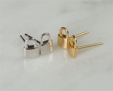 925 Earrings Tiny LOCK Studs Gold Stud Earrings Silver Etsy
