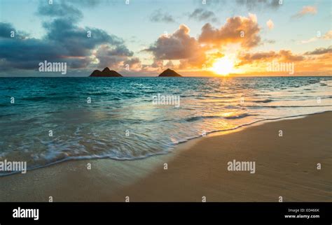 Simple Beautiful Sunrise Over Na Mokulua Islands From Lanikai Beach On