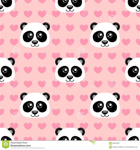 Seamless Pattern With Cute Cartoon Panda And Heart On Pink Background