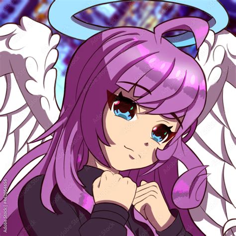 Sexy Anime Manga Angel Girl With White Big Wings Purple Hair And Big Breasts Wearing Tight